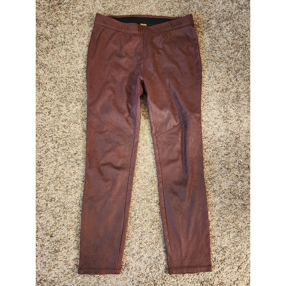 Free People Washed Vegan‎ Suede Leggings Burgundy Moto Seam Pull-On Pants Sz 28